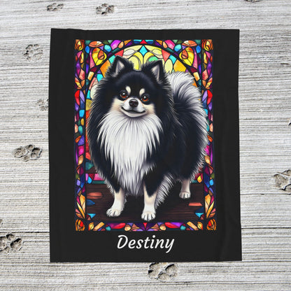 Pomeranian Black & White Coat Blanket, Velveteen Plush Stained Glass Dog Throw, Pet Lover Gift