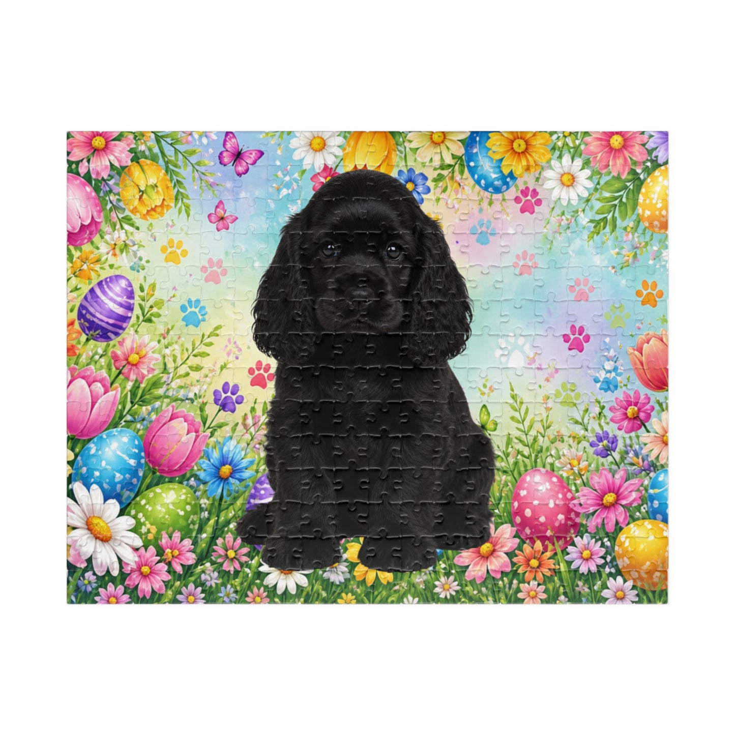 American Cocker Spaniel (Black) Easter Puppy Puzzle - Spring Garden with Eggs, Tulips, and Daisies