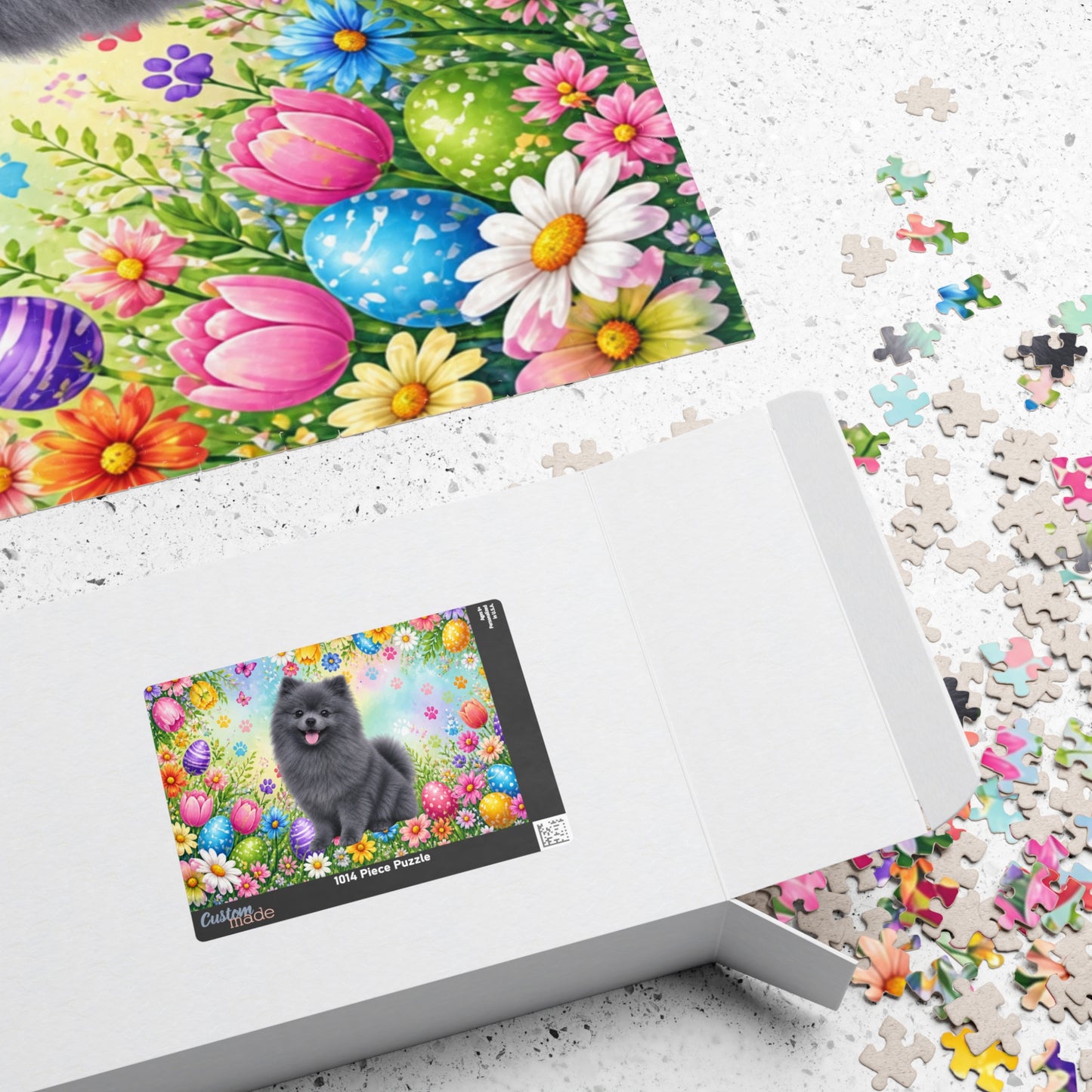 Pomeranian (Blue) Easter Puppy Puzzle - Spring Garden with Eggs, Tulips, and Daisies