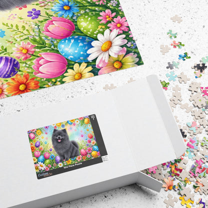 Pomeranian (Blue) Easter Puppy Puzzle - Spring Garden with Eggs, Tulips, and Daisies