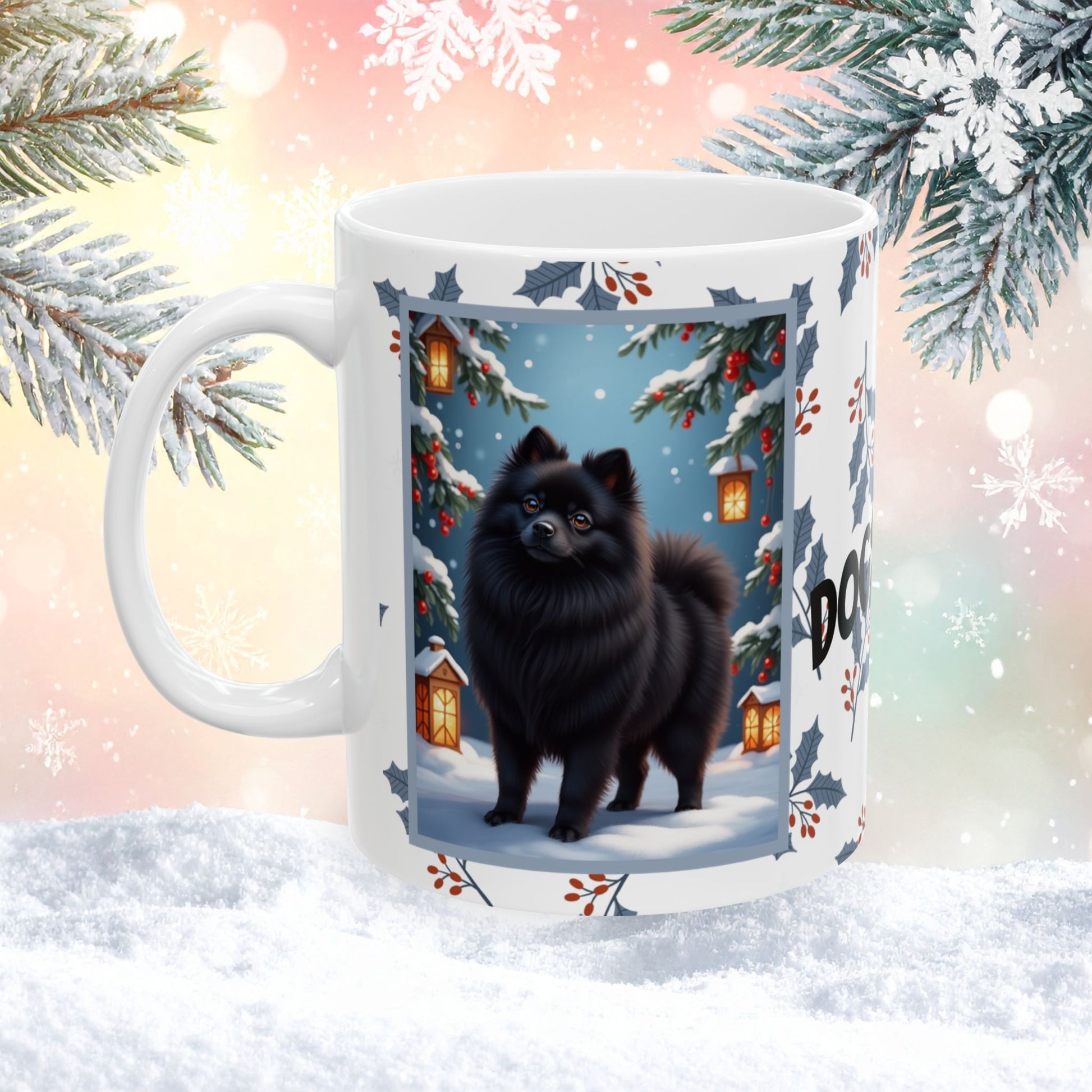 Pomeranian (Black) Winter Mug - black pomeranian artwork standing in a cozy winter setting with pine accents