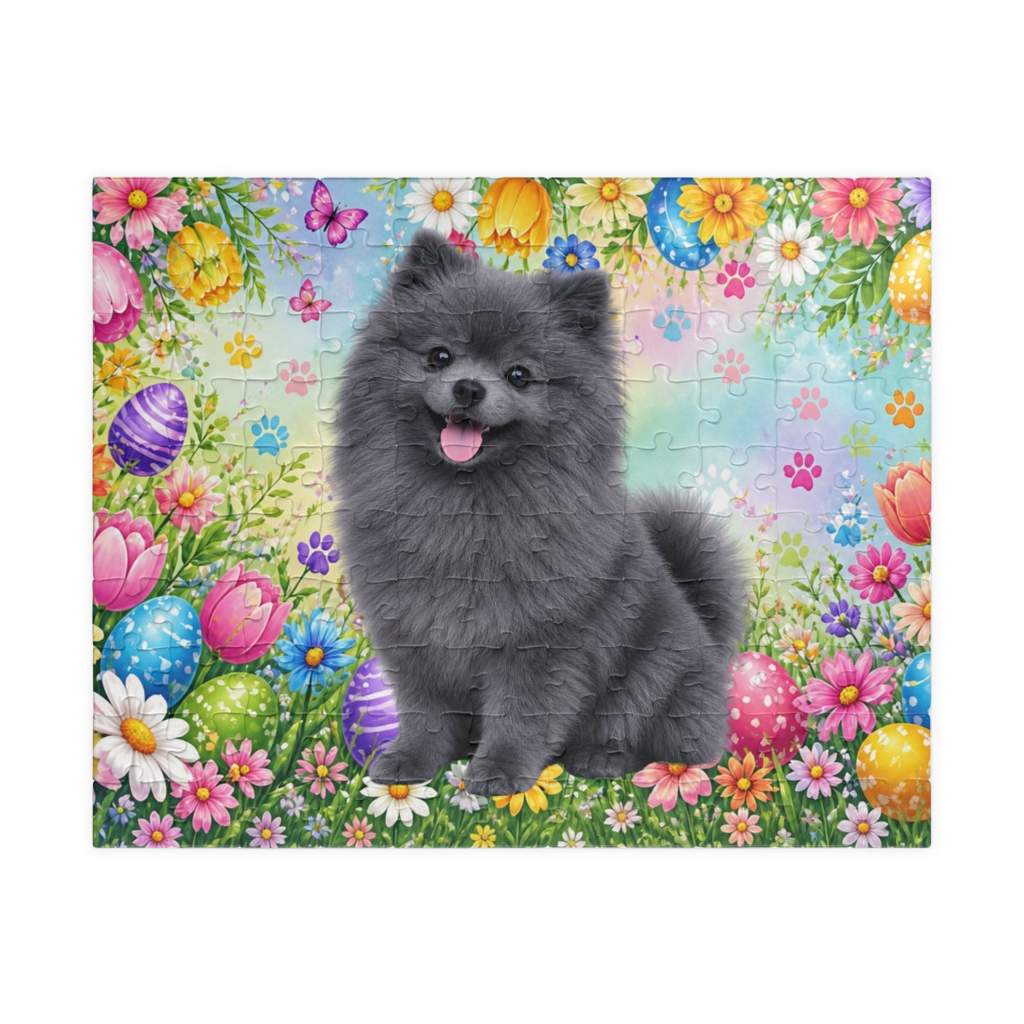 Pomeranian (Blue) Easter Puppy Puzzle - Spring Garden with Eggs, Tulips, and Daisies