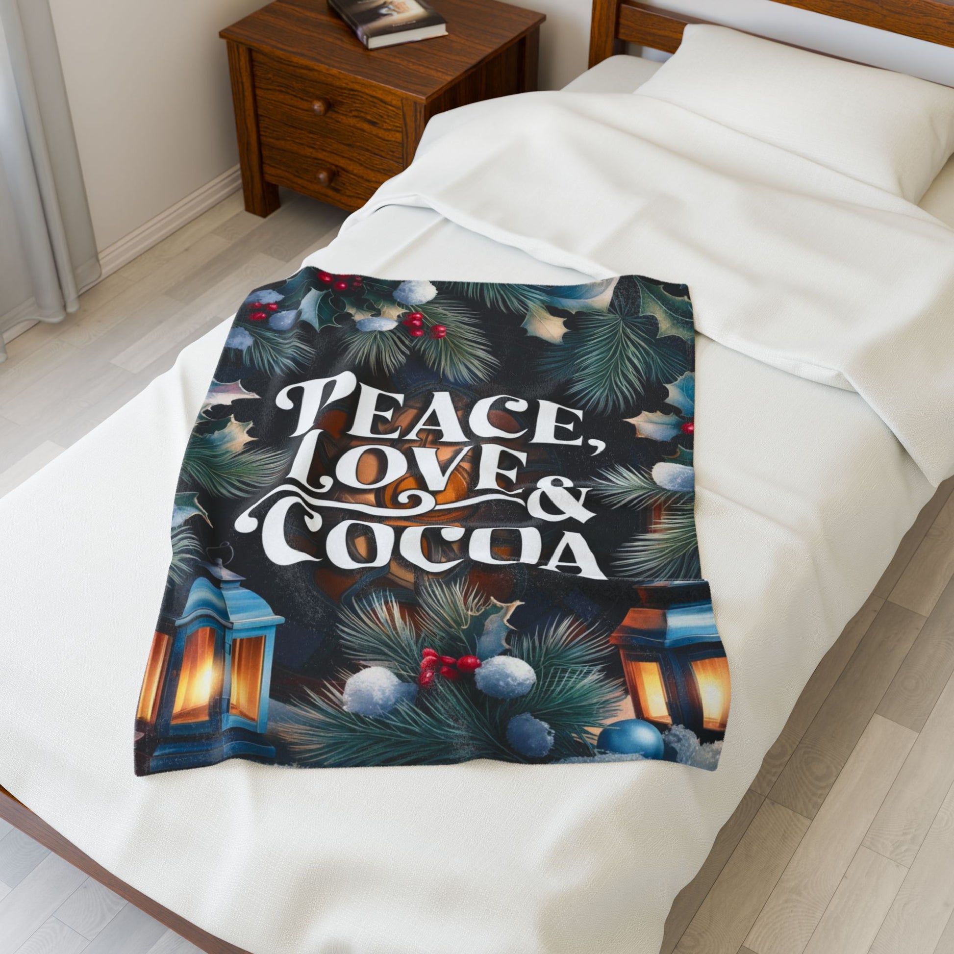 Cozy Christmas blanket “Peace, Love & Cocoa” holiday throw for warmth, relaxation, and joy
