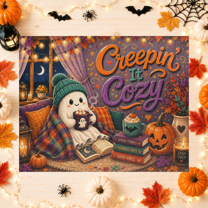 Creepin It Cozy Halloween Puzzle - Ghost in Beanie Reading by Candlelight with Pumpkin Spice Books