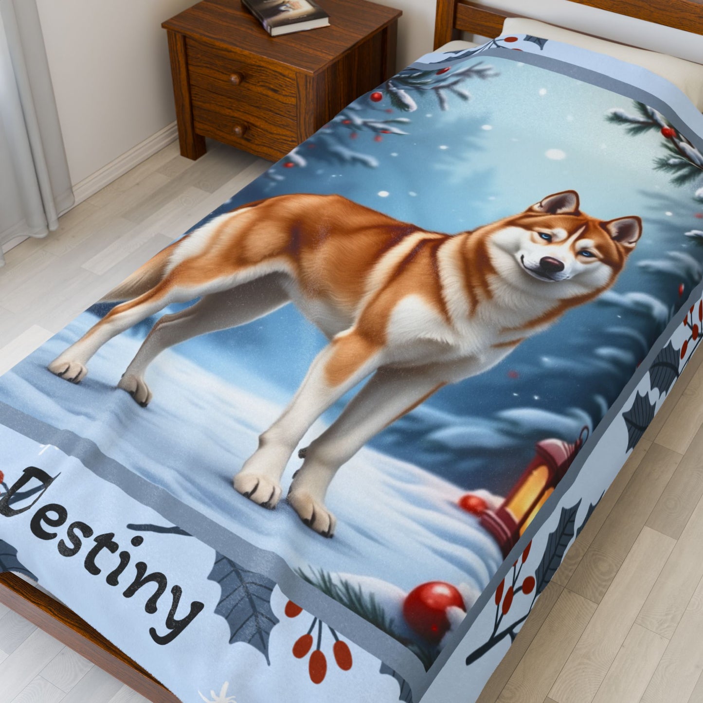 Husky Sable and White custom winter blanket featuring a Husky in a crisp illustrated lodge-style winter scene