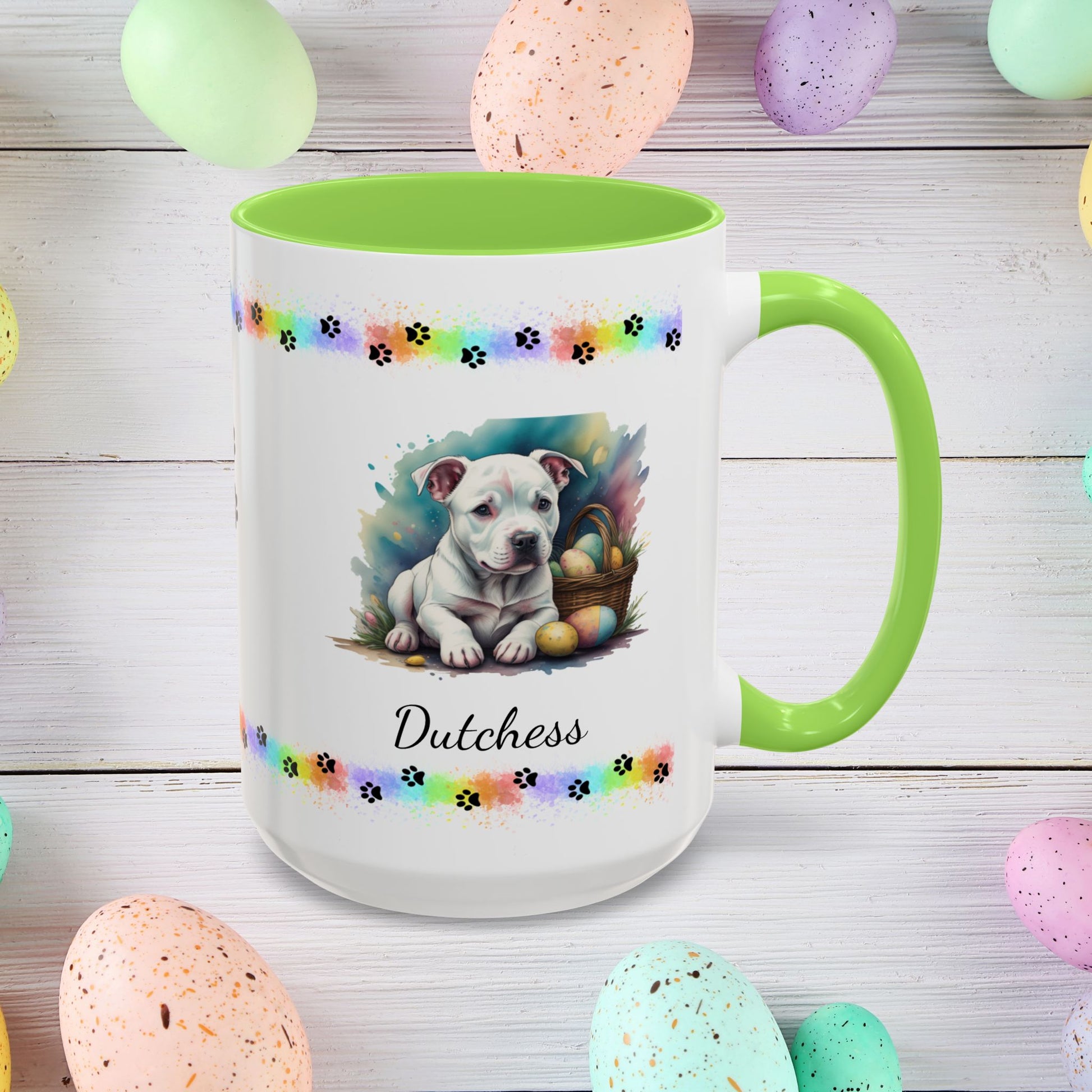 Pitbull (White): Personalized Easter Puppy Coffee Mug - Adorable Dog Design, Mental Health Gift, 11oz & 15oz, 12 Color Choices, Easter Gifts & Décor
