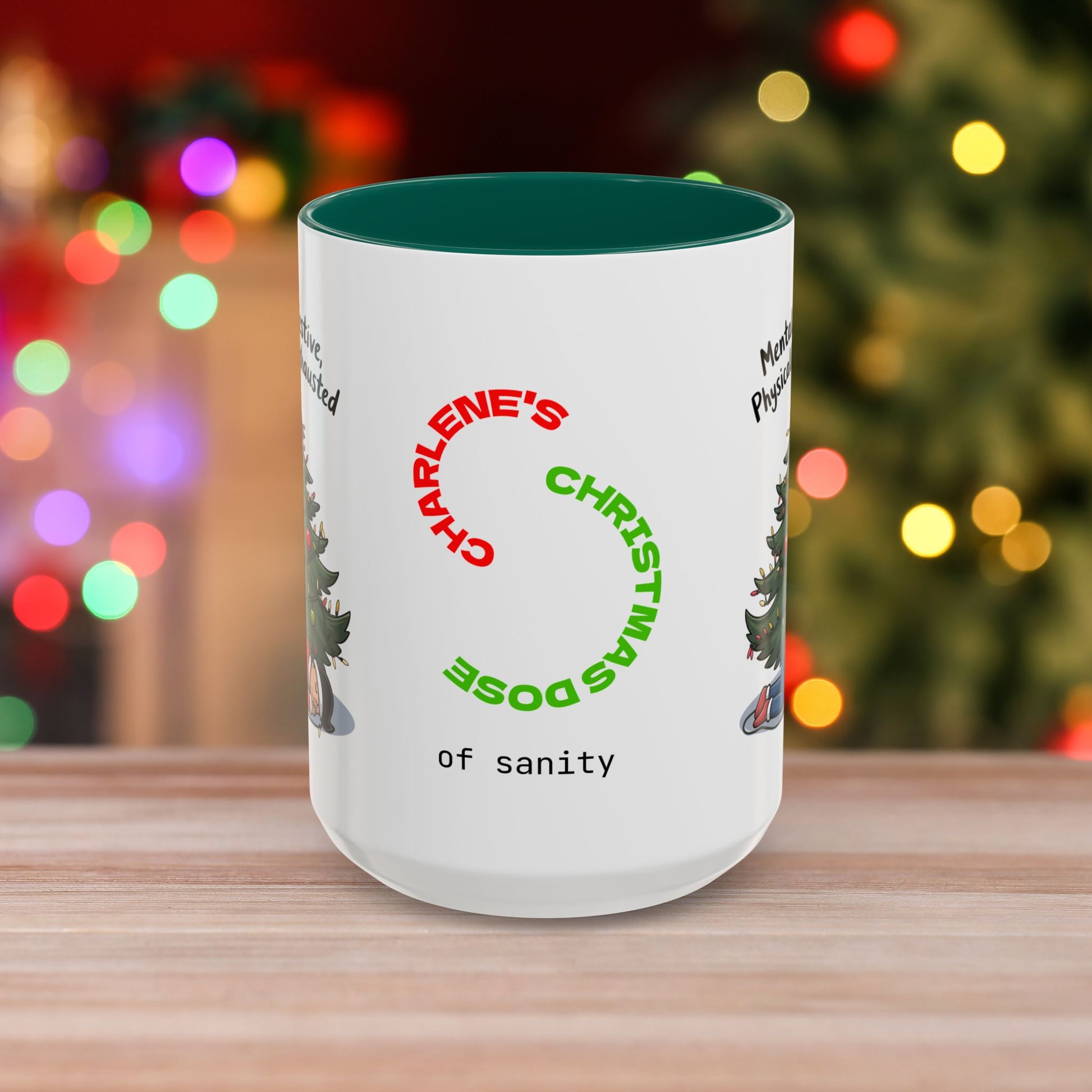 Mentally Festive, Physically Exhausted - Christmas Mug with Colorful Design and Accent Color