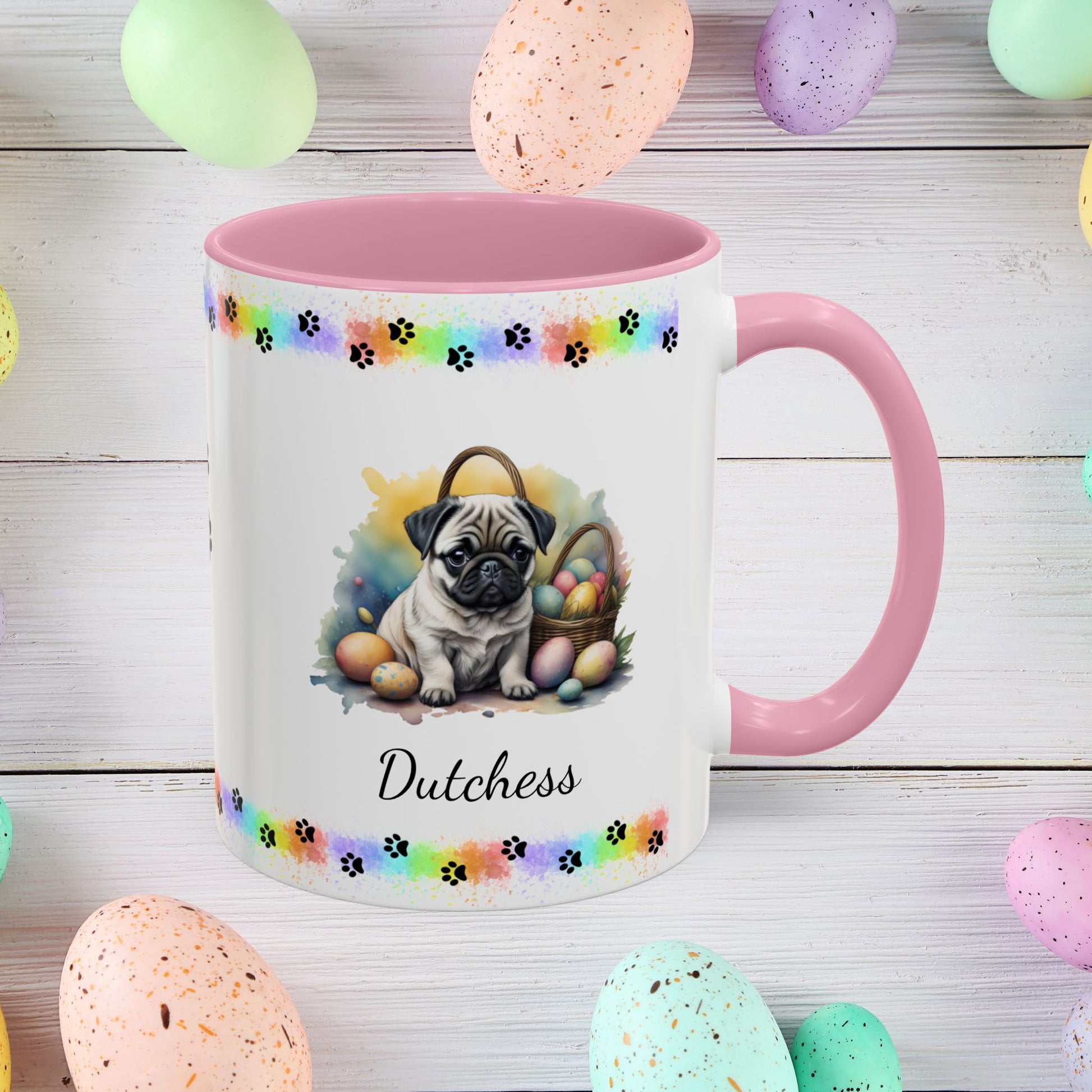 Pug: Personalized Easter Puppy Coffee Mug - Adorable Dog Design, Mental Health Gift, 11oz & 15oz, 12 Color Choices, Easter Gifts & Décor