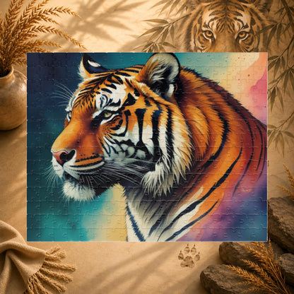 Striped Serenity - Painterly Tiger Side Profile Puzzle with Teal and Peach Gradient Background