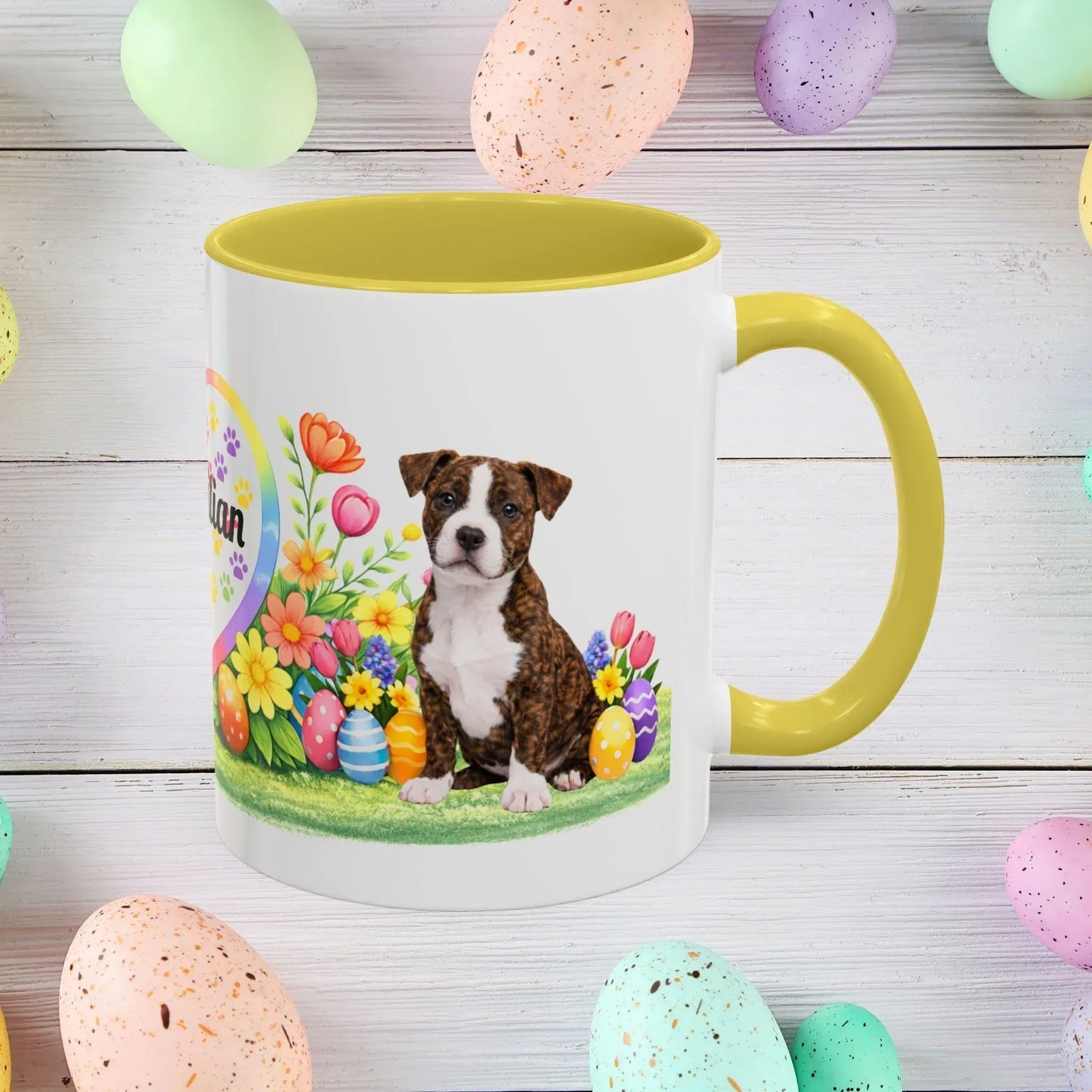 Shop our pitbull brindle white puppy easter mug featuring the 15oz style option from MySisterIsASurvivor.