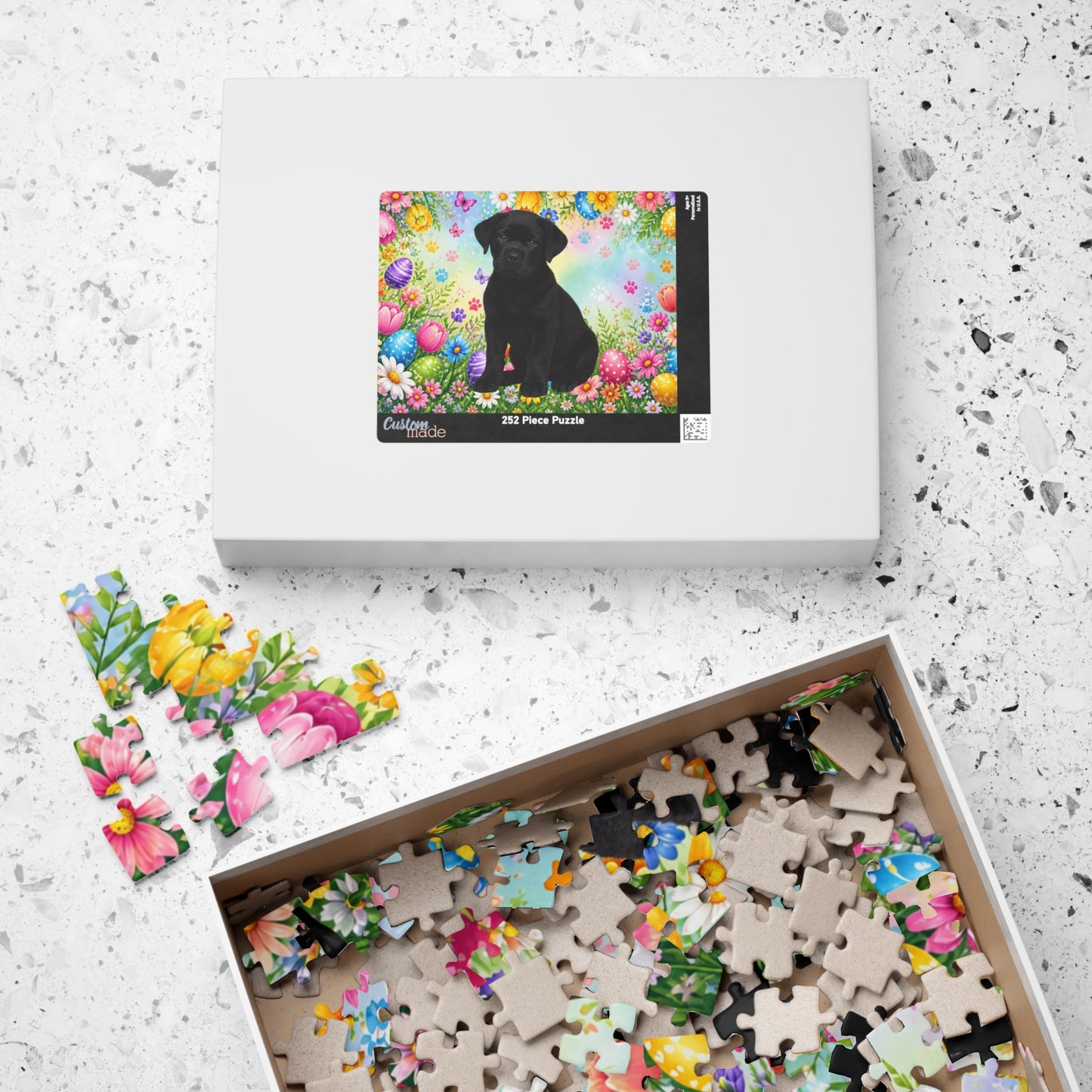 Rottweiler (Black) Easter Puppy Puzzle - Bold Spring Garden with Eggs and Wildflowers