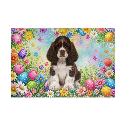 American Cocker Spaniel (Liver & White) Easter Puppy Puzzle - Spring Garden with Eggs, Tulips, and Daisies