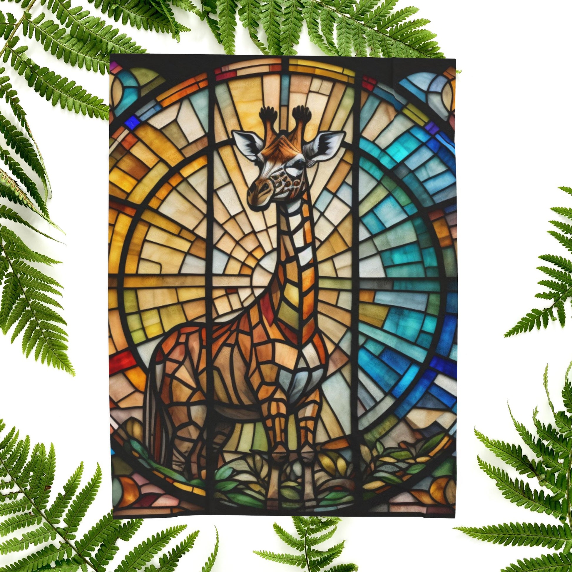 A vibrant giraffe blanket with stained glass-style art that celebrates nature and comfort.