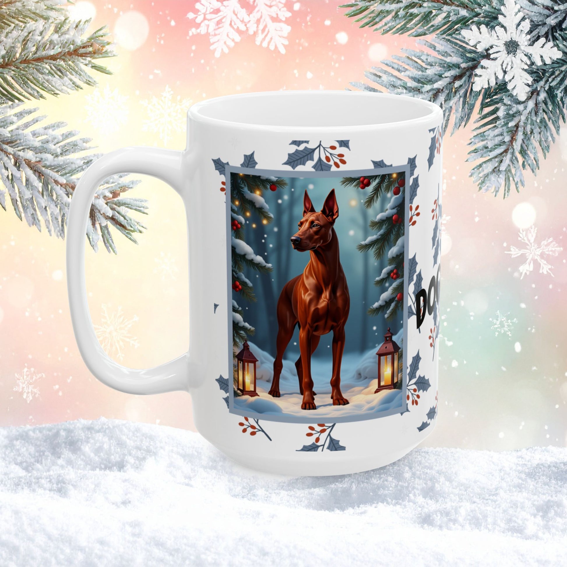 Doberman (Red) Winter Mug - red Doberman illustrated standing calmly in a serene winter scene with snowy background