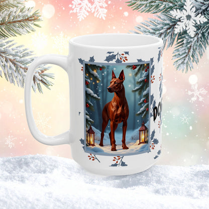 Doberman (Red) Winter Mug - red Doberman illustrated standing calmly in a serene winter scene with snowy background