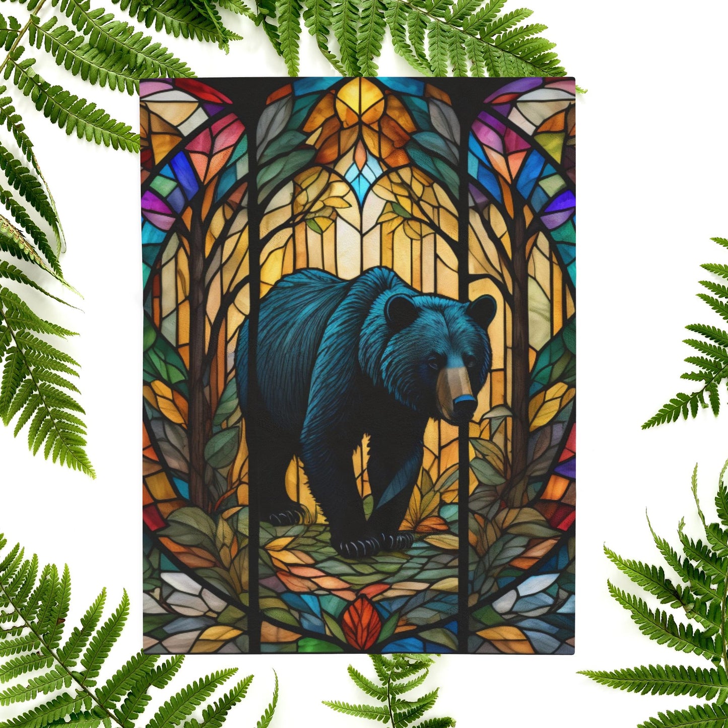 A cozy stained glass bear blanket featuring vibrant wildlife art for warmth and relaxation.