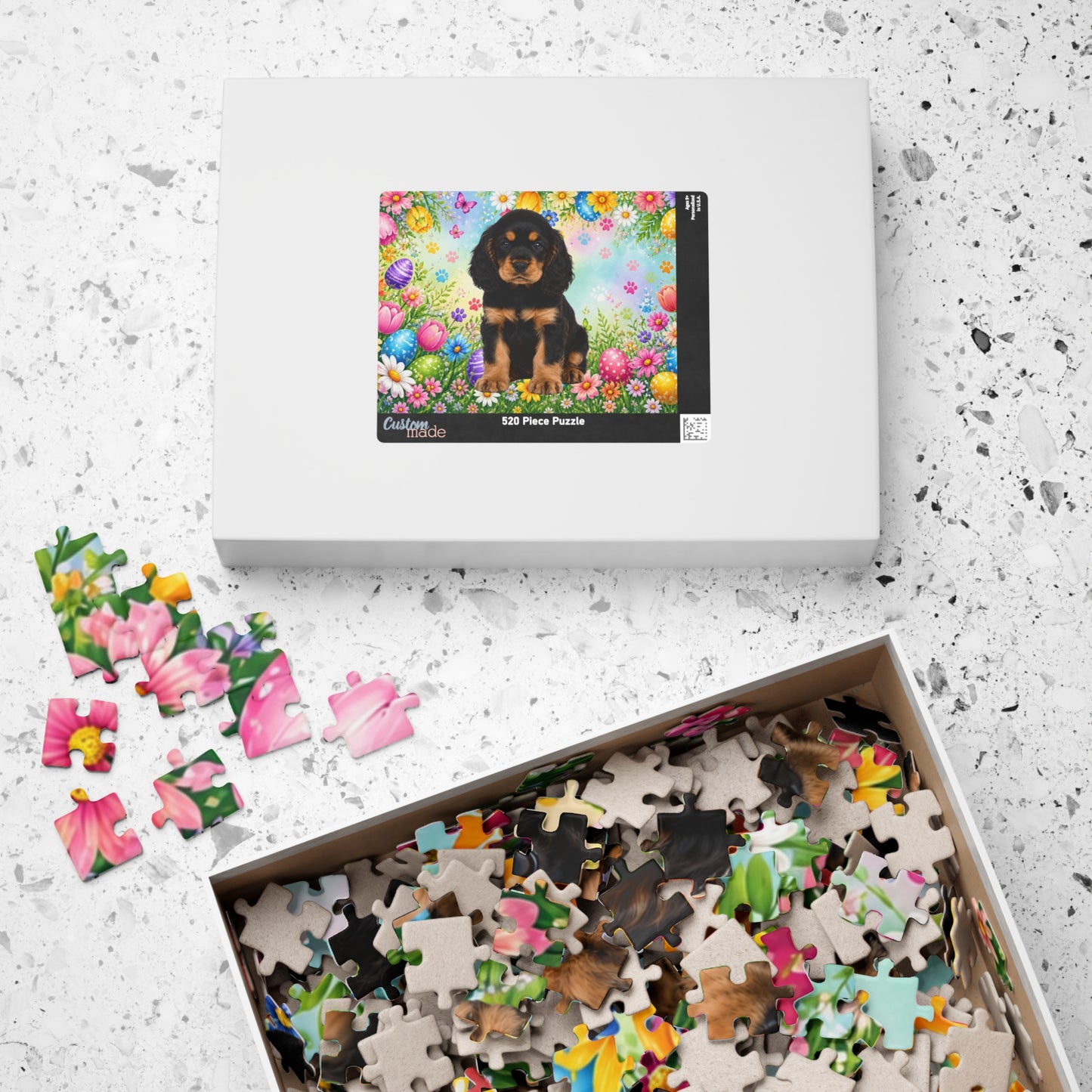 American Cocker Spaniel (Black & Tan) Easter Puppy Puzzle - Spring Garden with Eggs, Tulips, and Daisies