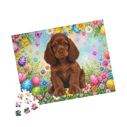 American Cocker Spaniel (Liver) Easter Puppy Puzzle - Spring Garden with Eggs, Tulips, and Daisies