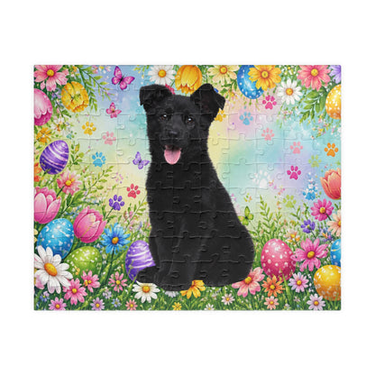 German Shepherd (Black) Easter Puppy Puzzle - Bold Spring Garden with Eggs and Blooms