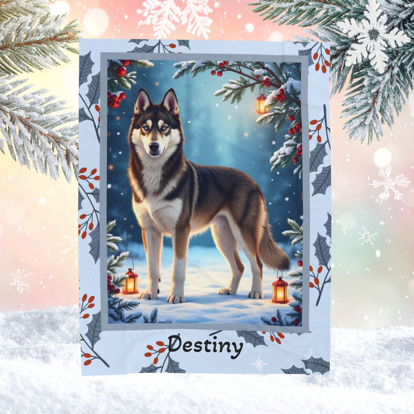 Husky Agouti and White custom winter blanket featuring an Arctic Husky in a bright cozy lodge-style scene