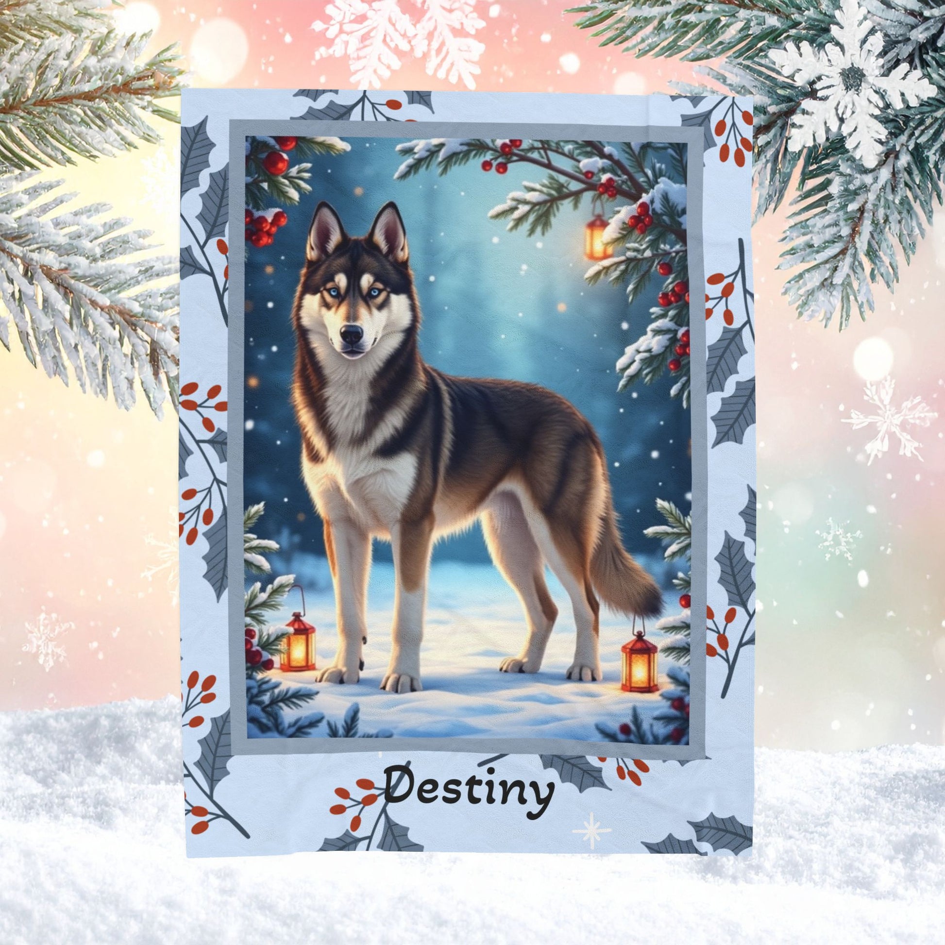 Husky Agouti and White custom winter blanket featuring an Arctic Husky in a bright cozy lodge-style scene