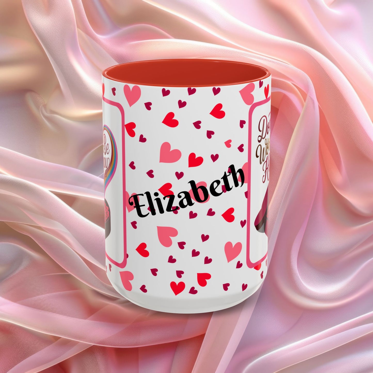 Dont Worry Be Happy Valentines mug with positive affirmation, cheerful Valentine coffee cup for daily encouragement