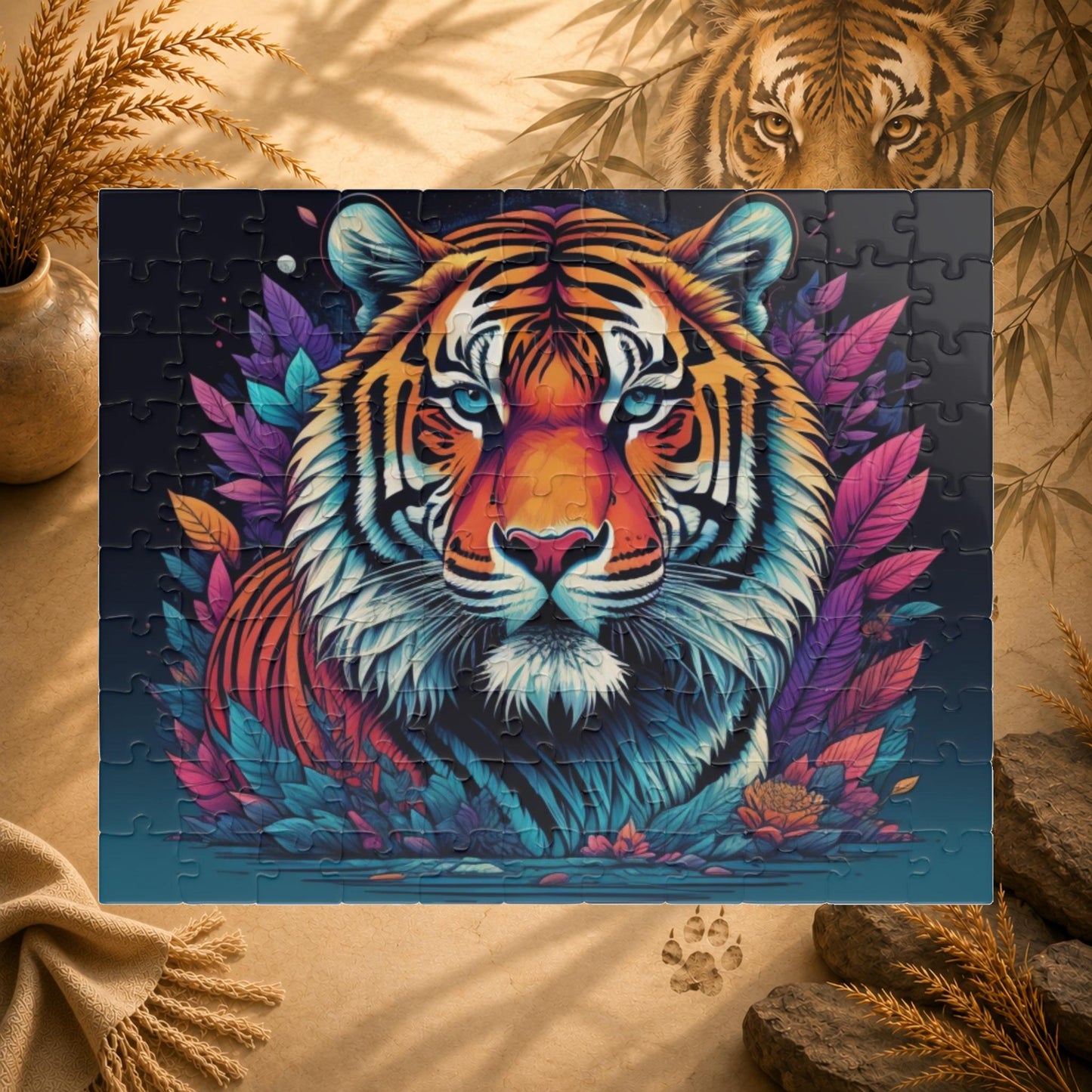 Tiger's Resolve - Jewel-Toned Tiger Puzzle with Tropical Leaves on Dark Navy Background