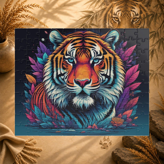 Tiger's Resolve - Jewel-Toned Tiger Puzzle with Tropical Leaves on Dark Navy Background