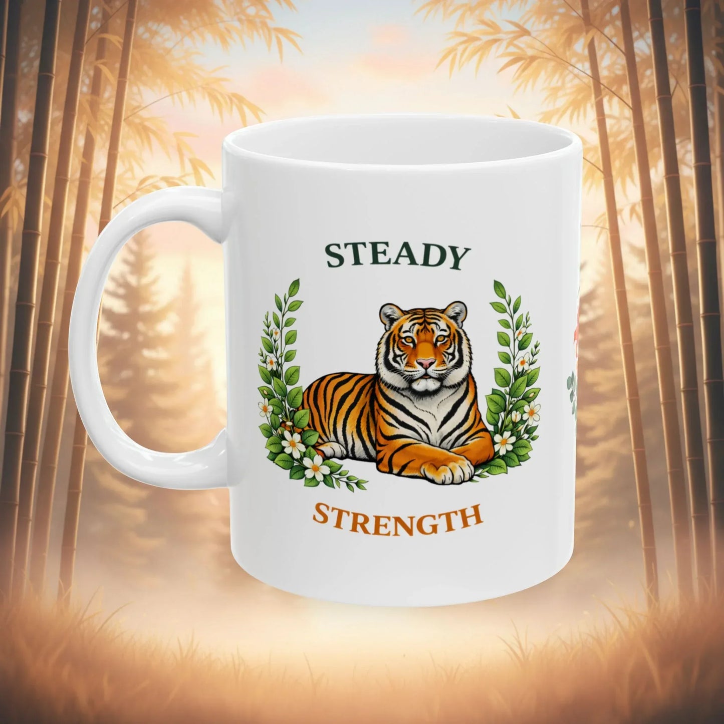 Shop our steady strength tiger mug featuring the 15oz style option from MySisterIsASurvivor.
