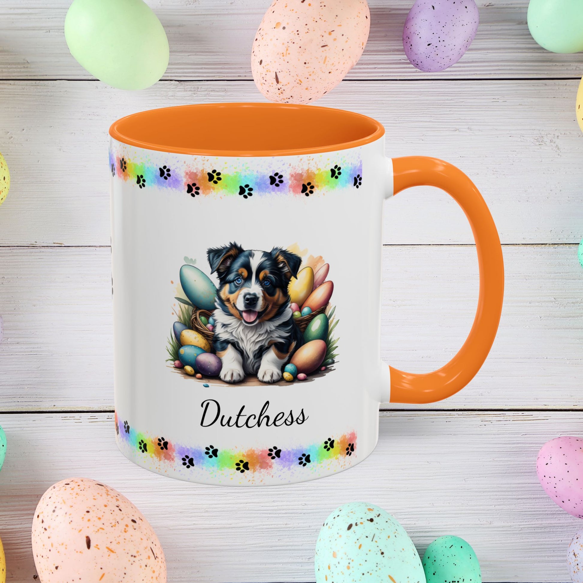 Australian Shepherd: Personalized Easter Puppy Coffee Mug - Adorable Dog Design, Mental Health Gift, 11oz & 15oz, 12 Color Choices, Easter Gifts & Décor