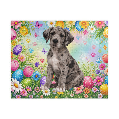 Great Dane (Merle) Easter Puppy Puzzle - Spring Garden with Eggs, Tulips, and Daisies
