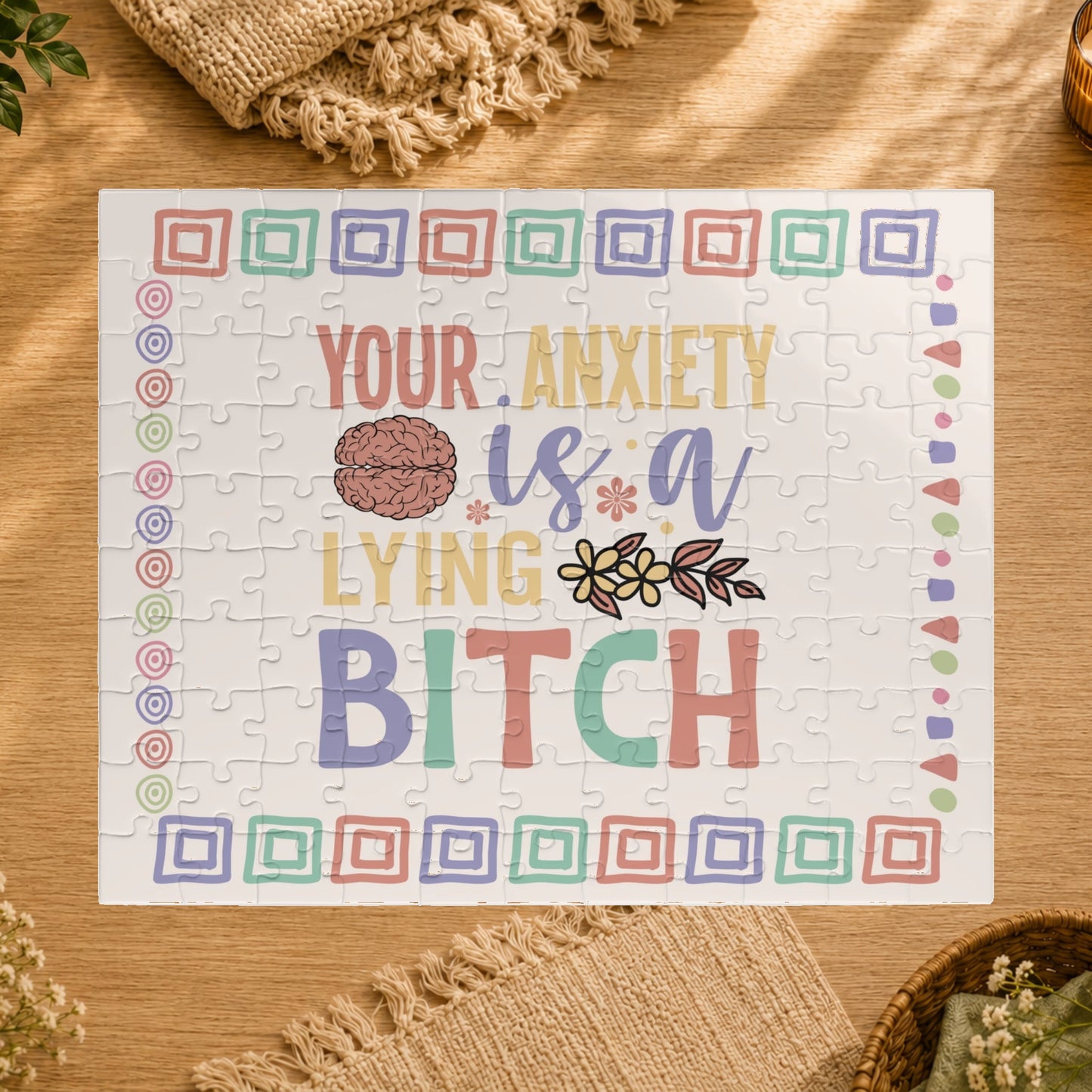Puzzle with colorful text and brain illustration on a white background