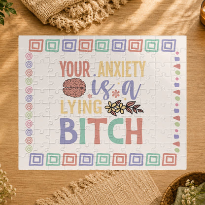 Puzzle with colorful text and brain illustration on a white background