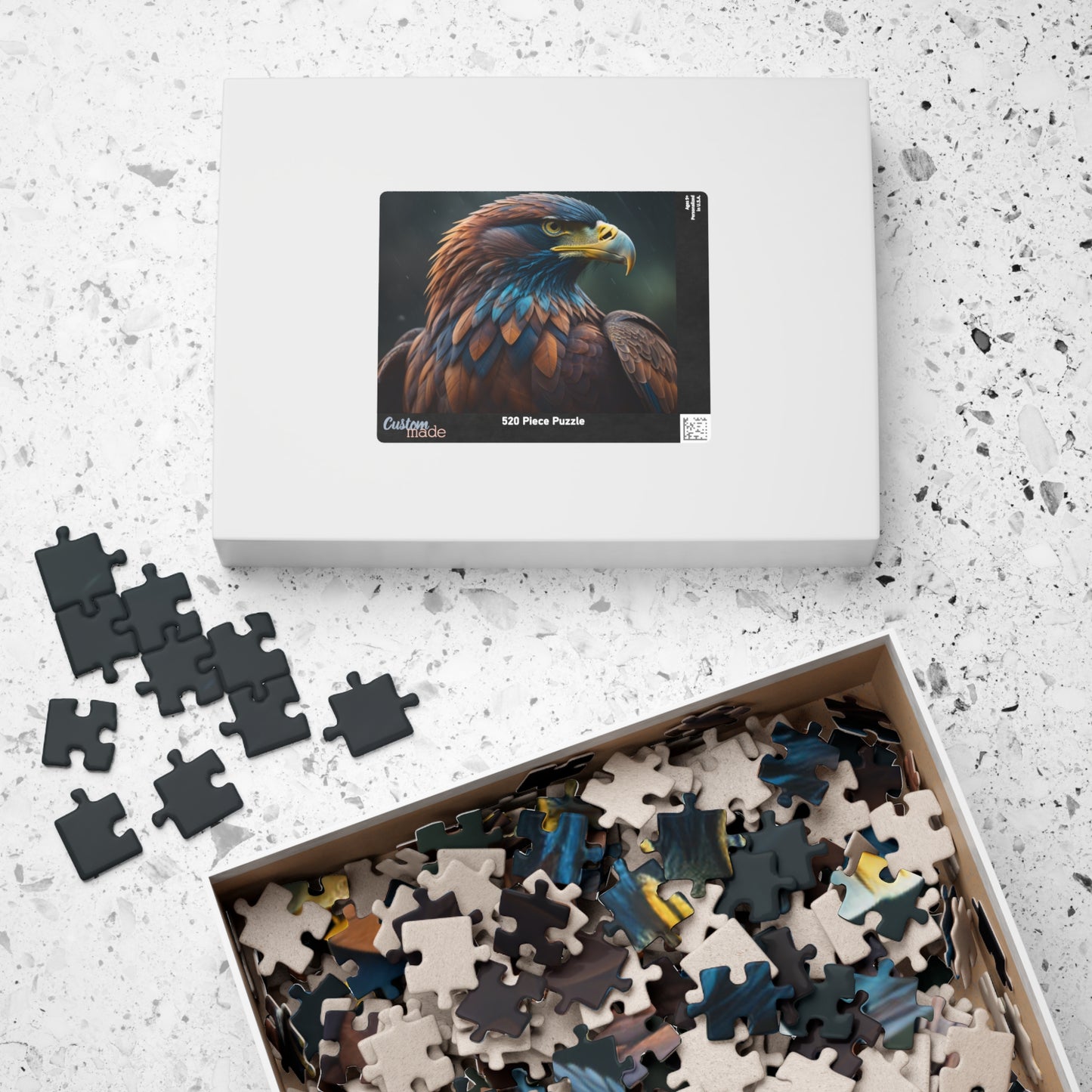 Feathers of Resilience - Close-Up Eagle Portrait Puzzle with Warm Brown and Teal Feathers on Green Bokeh