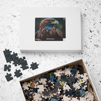 Feathers of Resilience - Close-Up Eagle Portrait Puzzle with Warm Brown and Teal Feathers on Green Bokeh