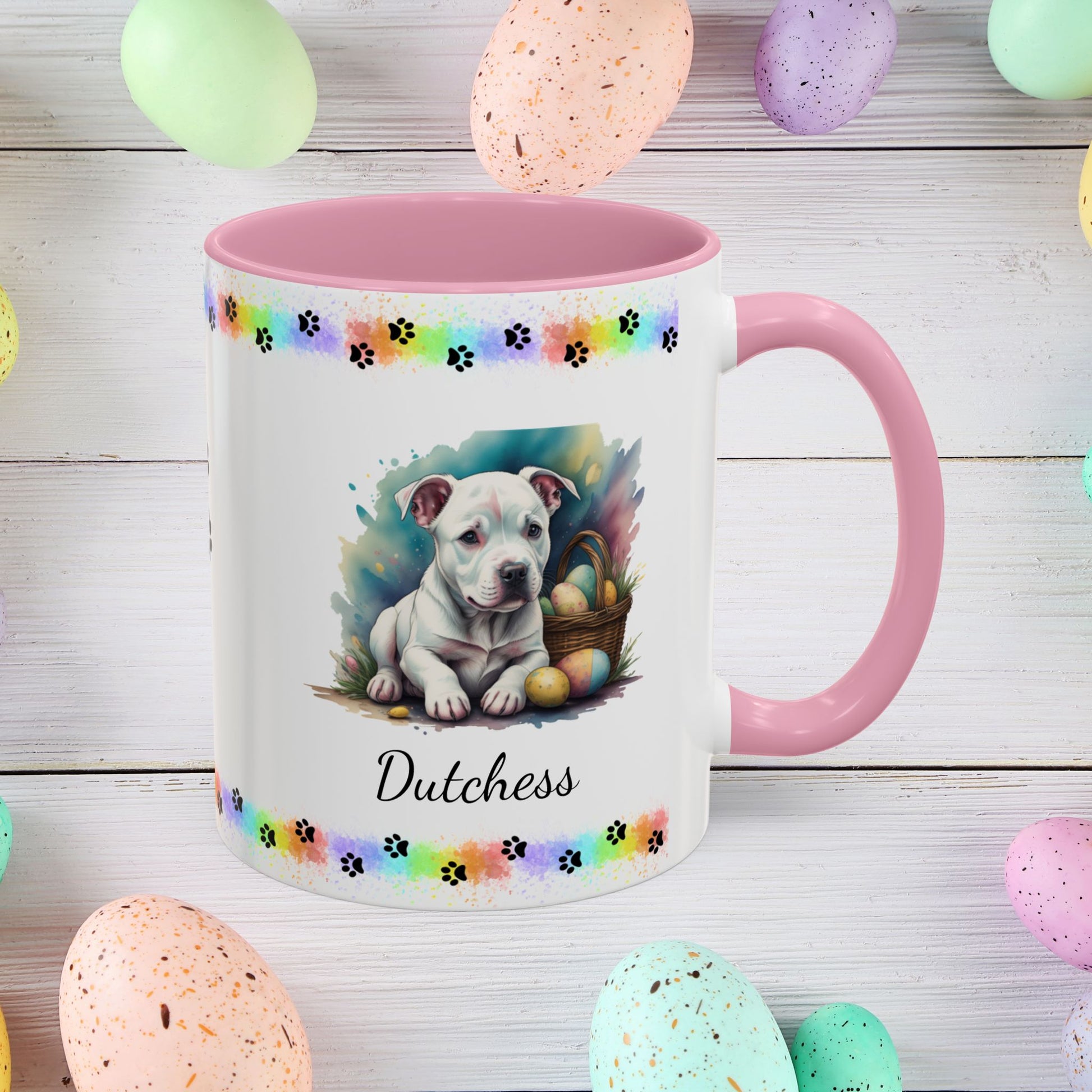 Pitbull (White): Personalized Easter Puppy Coffee Mug - Adorable Dog Design, Mental Health Gift, 11oz & 15oz, 12 Color Choices, Easter Gifts & Décor