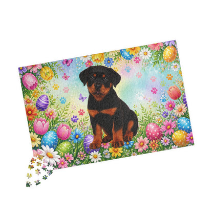 Rottweiler (Black & Rust) Easter Puppy Puzzle - Spring Garden with Eggs, Tulips, and Daisies