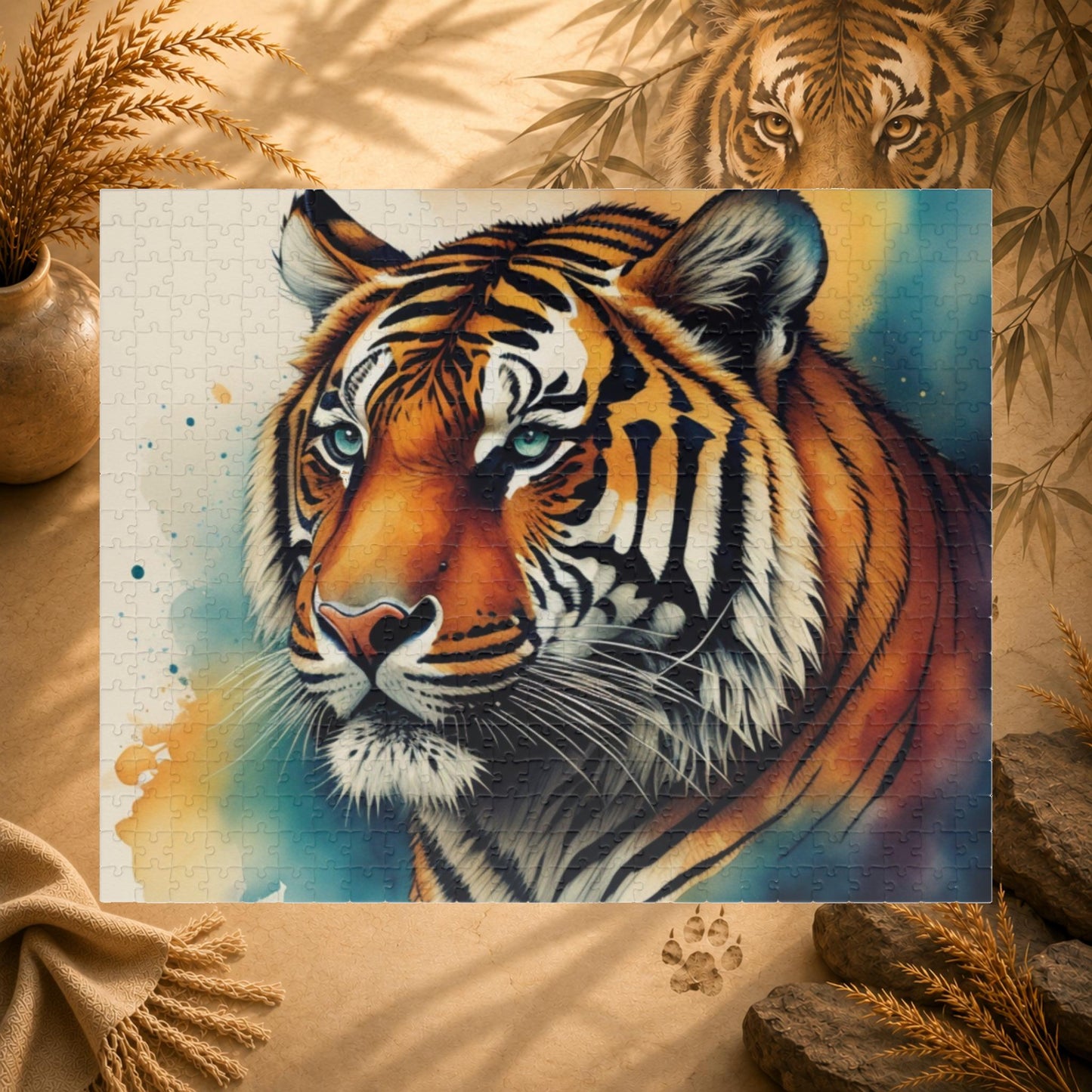 Thrive with the Tiger - Watercolor Tiger Puzzle with Teal Eyes and Warm Amber Washes on White