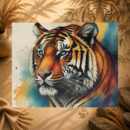 Thrive with the Tiger - Watercolor Tiger Puzzle with Teal Eyes and Warm Amber Washes on White