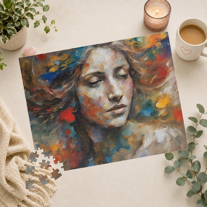 Express Emotions - Impressionist Woman's Portrait Puzzle with Colorful Paint Blooms in Flowing Hair