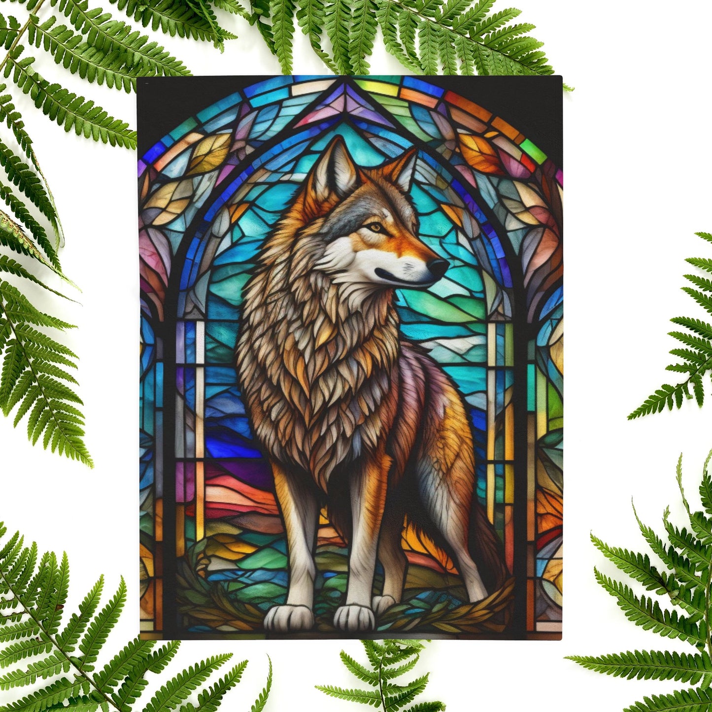 A mystical wolf blanket featuring stained glass-style artwork for serenity and warmth.