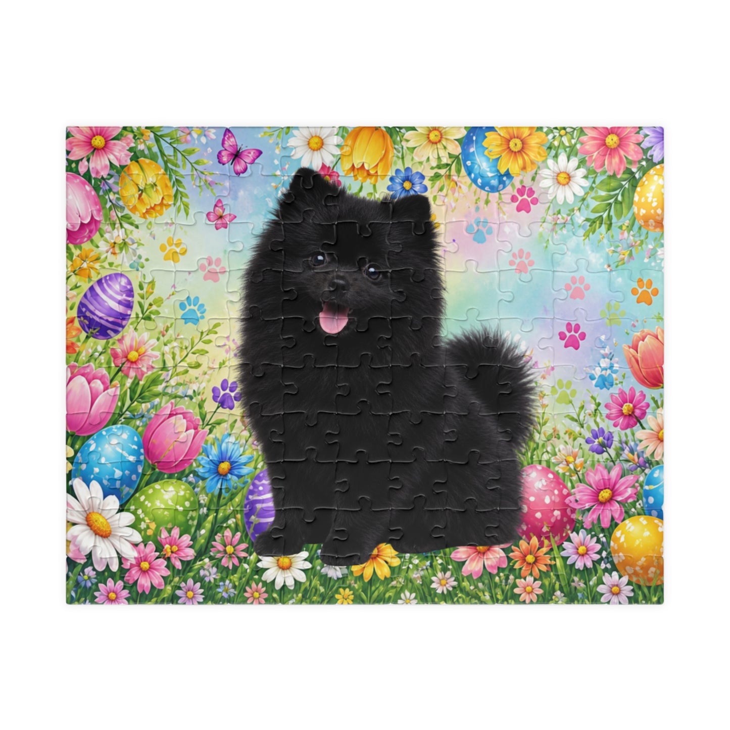 Pomeranian (Black) Easter Puppy Puzzle - Spring Garden with Eggs, Tulips, and Daisies