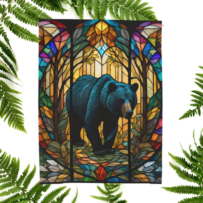 A cozy stained glass bear blanket featuring vibrant wildlife art for warmth and relaxation.