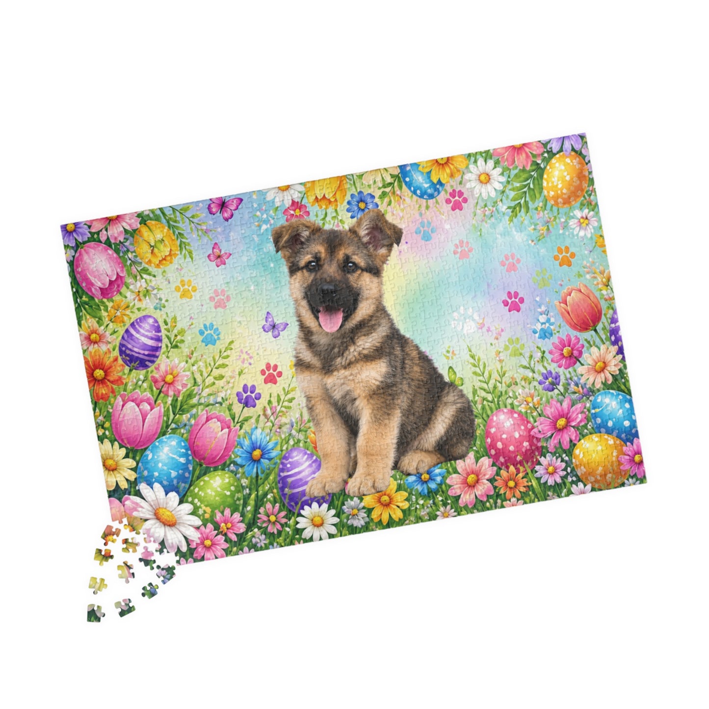 German Shepherd (Sable) Easter Puppy Puzzle - Spring Eggs, Wildflowers, and Butterflies