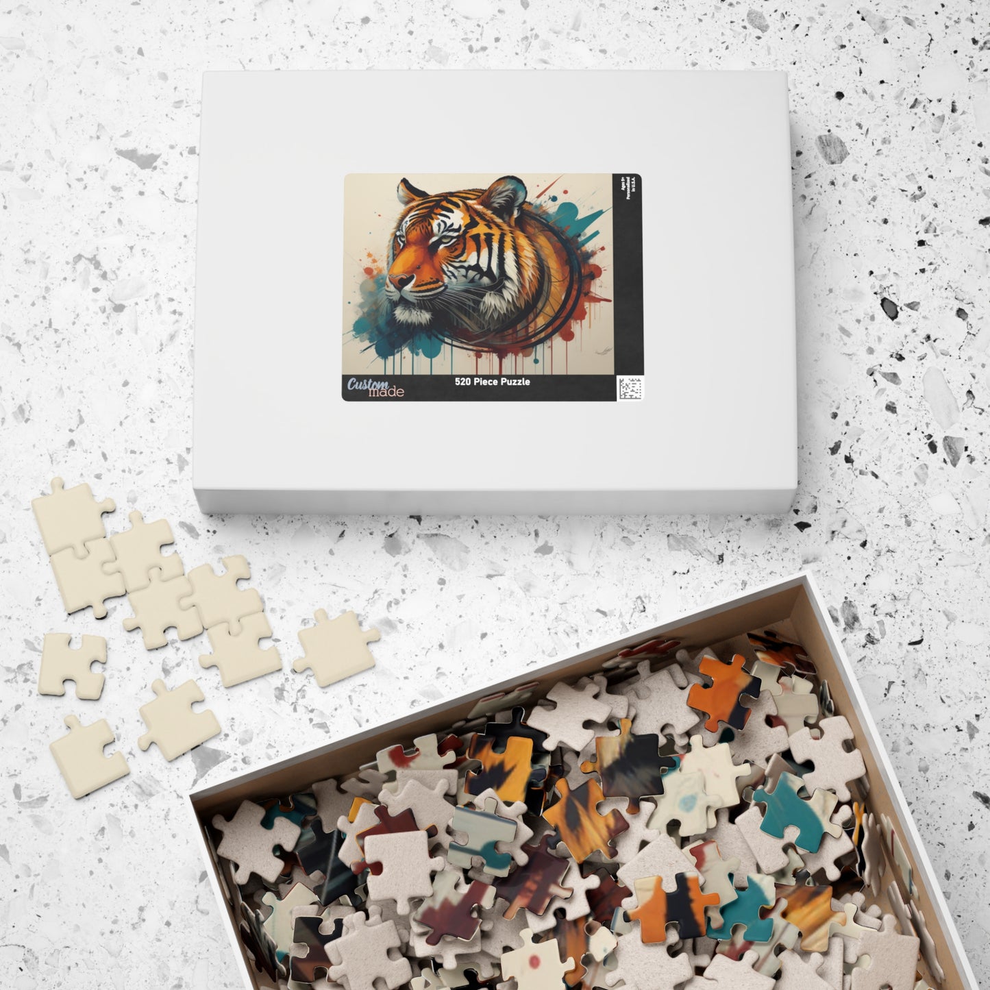 The Resilient Tiger - Expressive Tiger Puzzle with Circular Brushstroke and Paint Drips on White