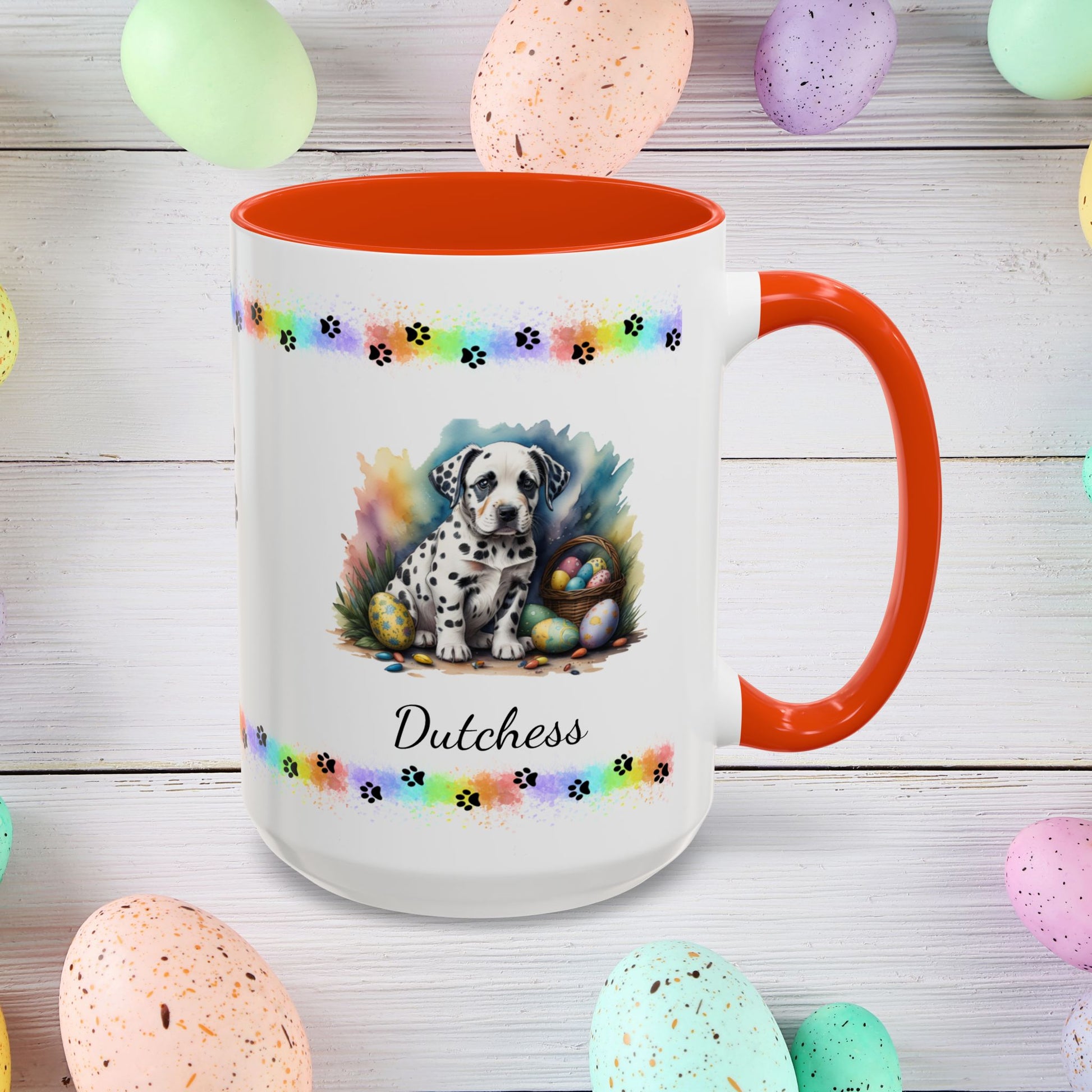 Dalmatian: Personalized Easter Puppy Coffee Mug - Adorable Dog Design, Mental Health Gift, 11oz & 15oz, 12 Color Choices, Easter Gifts & Décor