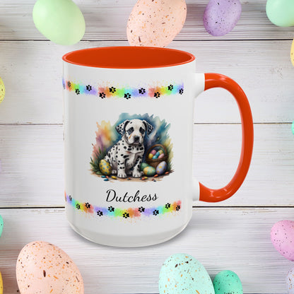 Dalmatian: Personalized Easter Puppy Coffee Mug - Adorable Dog Design, Mental Health Gift, 11oz & 15oz, 12 Color Choices, Easter Gifts & Décor