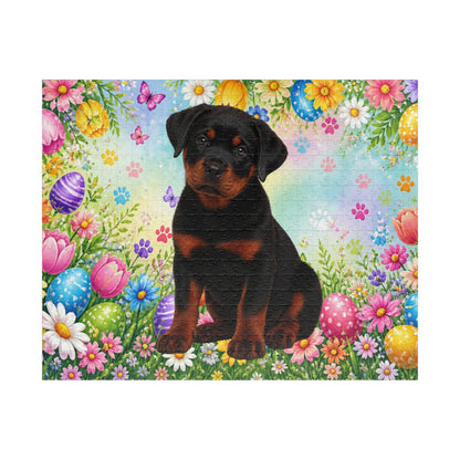 Rottweiler (Black & Mahogany) Easter Puppy Puzzle - Spring Garden with Eggs and Wildflowers