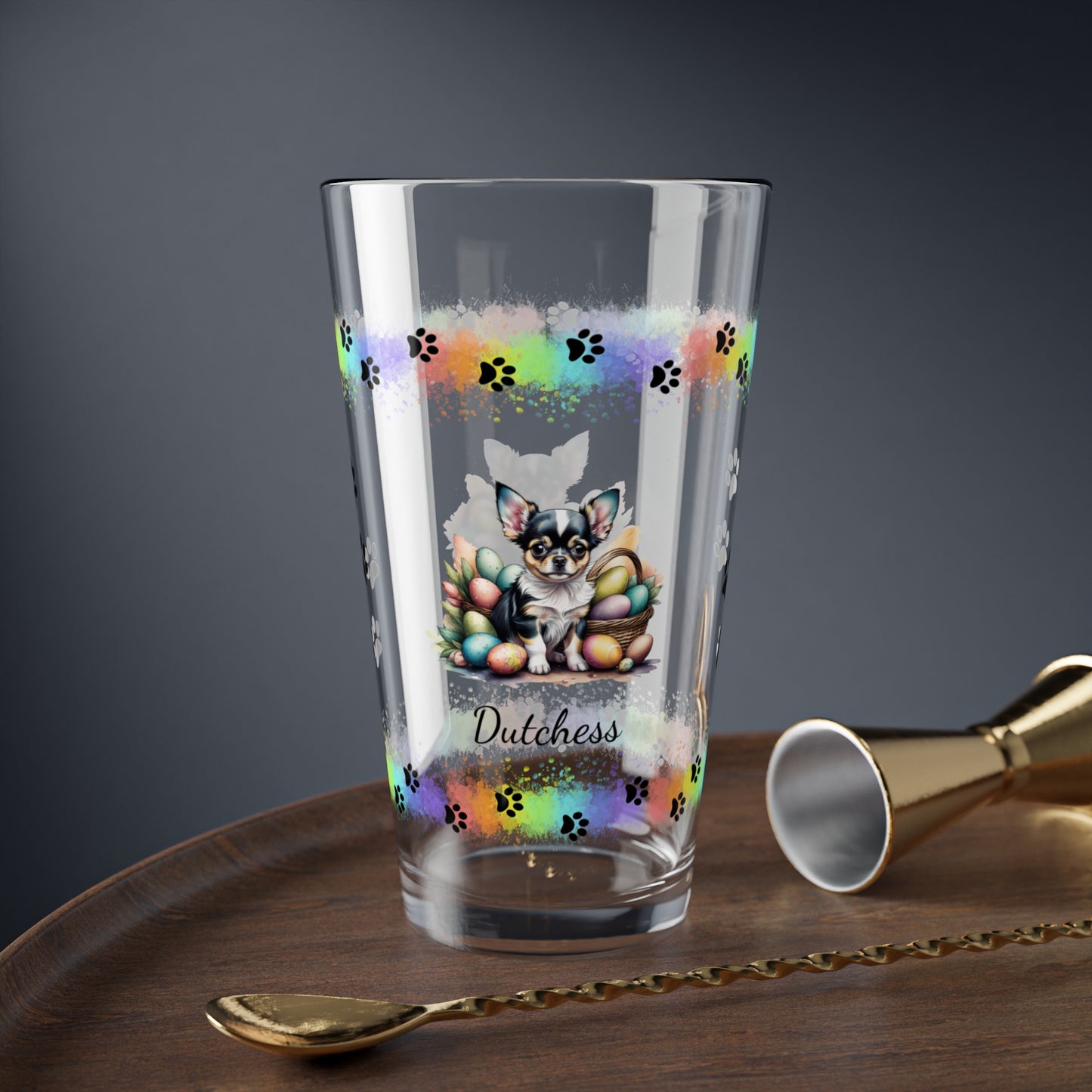 Chihuahua (Blue Tri) Personalized Easter Puppy 16oz Pint Glass - Custom Dog Design, Mental Health Gift, Easter Décor, and Festive Celebrations