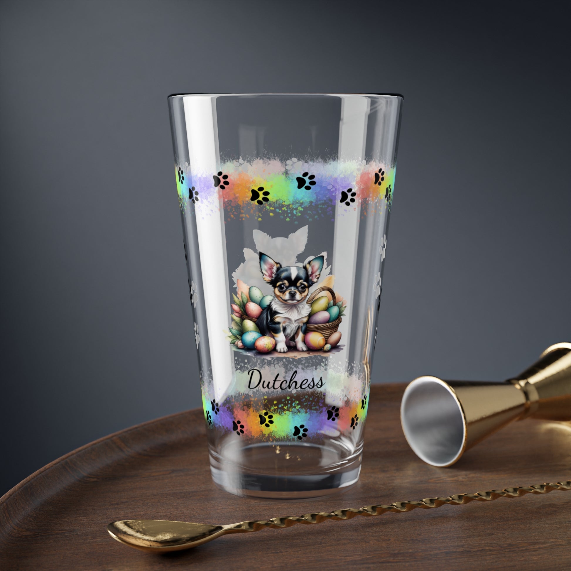 Chihuahua (Blue Tri) Personalized Easter Puppy 16oz Pint Glass - Custom Dog Design, Mental Health Gift, Easter Décor, and Festive Celebrations